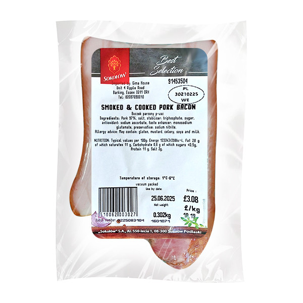 Sokolow Steamed & Smoked Bacon (10) Sold by Kg