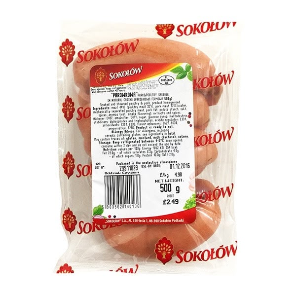 Sokolow Parowkowa Pork Sausage in natural Casing 1x500g