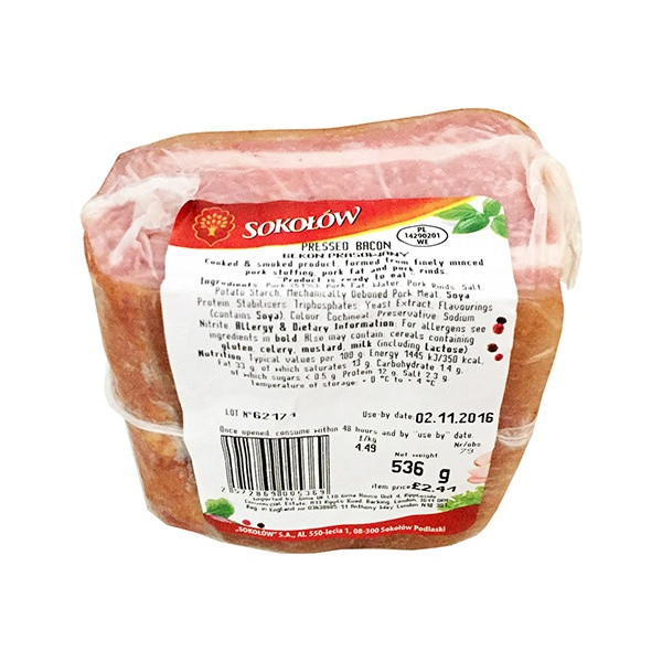 Sokolow Pressed Bacon Sold by kg